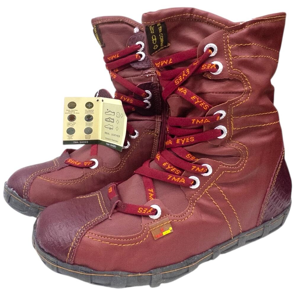 TMA EYES Dark Red Burgundy Snake Accent Leather Combat Boots Women's 9.5